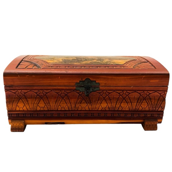 Antique Hand Carved Wooden Western Scene Covered Wagons & Cowboys Keepsake Box - Picture 4 of 11